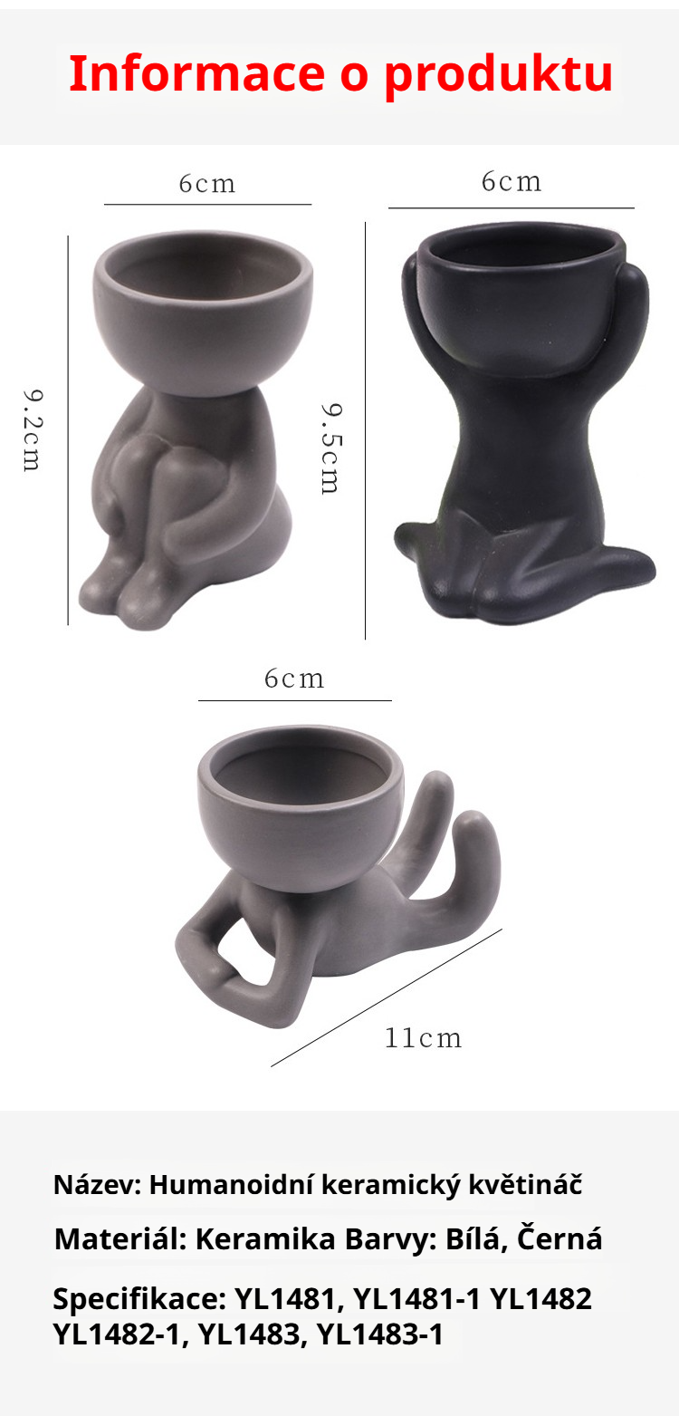 Keramický květináč ve tvaru postavy s barevnými květinami