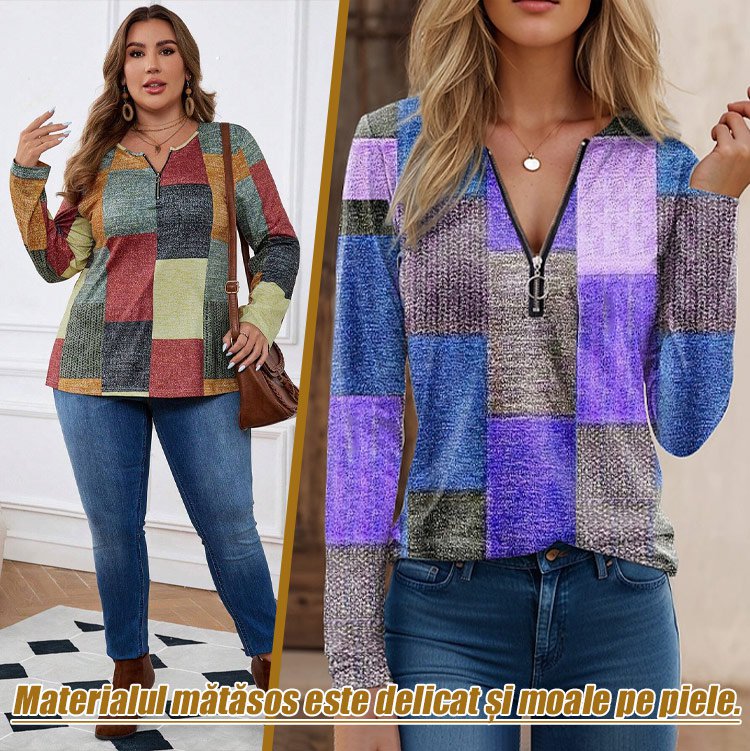 Bluză lejeră pentru femei cu mânecă lungă și guler rotund ușor elastic