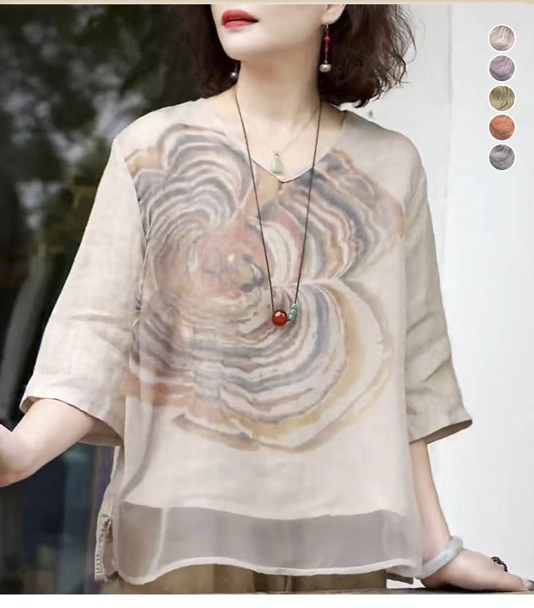 重ね着風デザインの綿麻ブラウス詳細