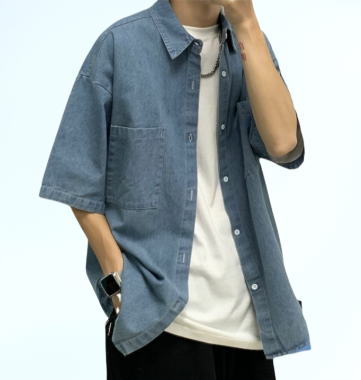 เสื้อเชิ้ตยีนส์แขนสั้นสไตล์เกาหลีสำหรับผู้ชาย เทรนด์ฤดูร้อน สำหรับวัยรุ่น