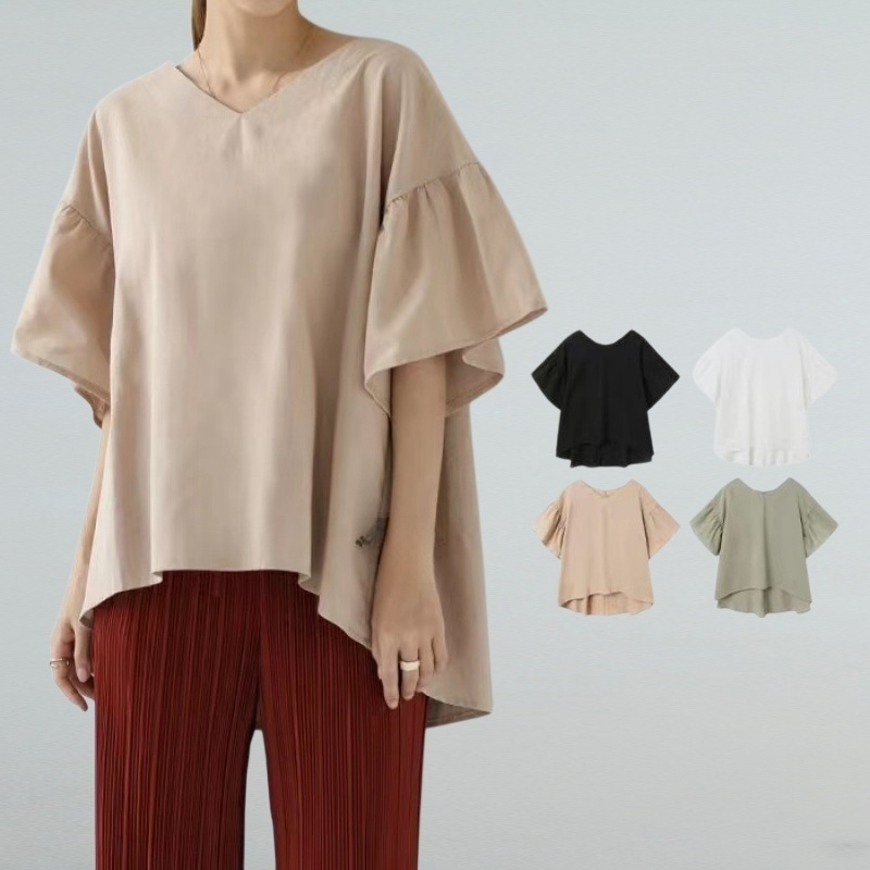 봄여름 한풍 ins 여성 상의 반팔 빅사이즈 루즈핏 셔츠 브이넥 프릴 숄더 블라우스