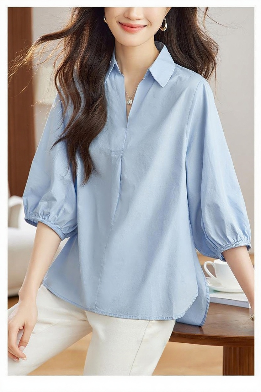 2025 봄여름 신상 칼라 옆트임 칠부 블라우스 착용 이미지