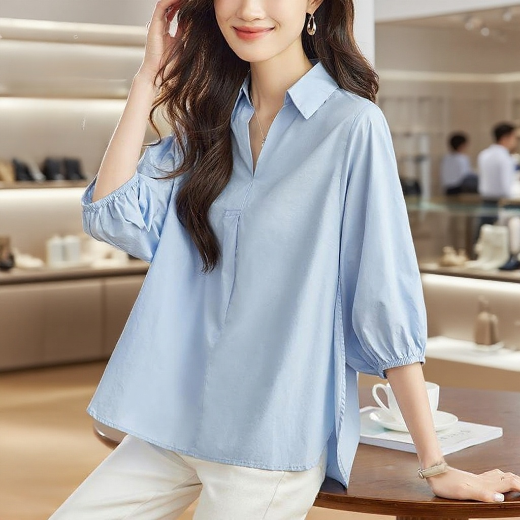 칼라 옆트임 칠부 블라우스 여 2025 봄여름 신상 캐주얼 코디 상의