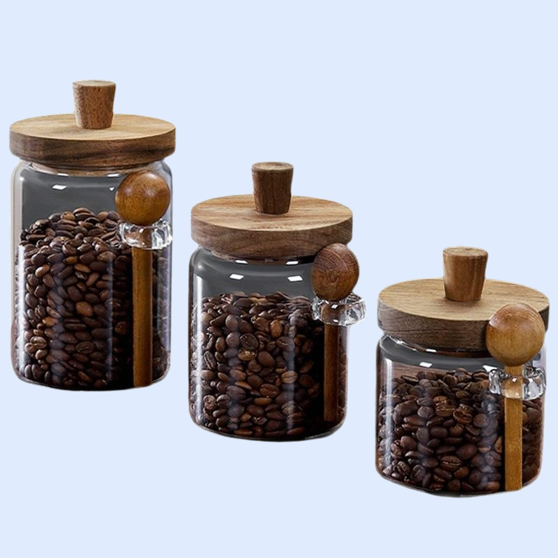 스푼이 달린 커피 원두 유리 밀폐병 소형 콩 저장통