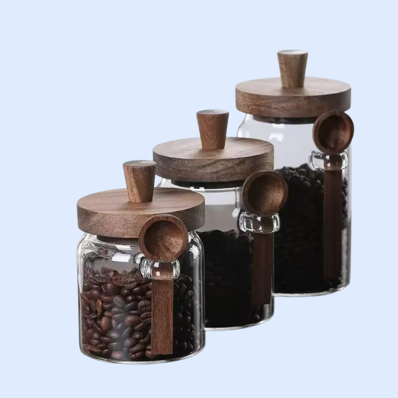 스푼이 달린 커피 원두 유리 밀폐병 소형 콩 저장통