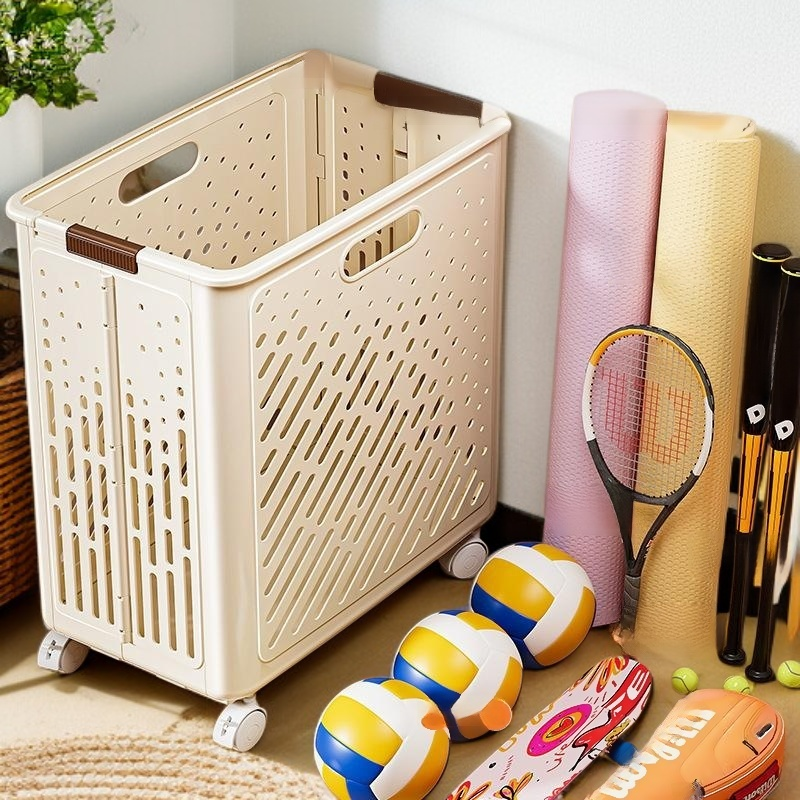 Storage basket with wheels for household sports tools, roller storage, badminton, fitness equipment,