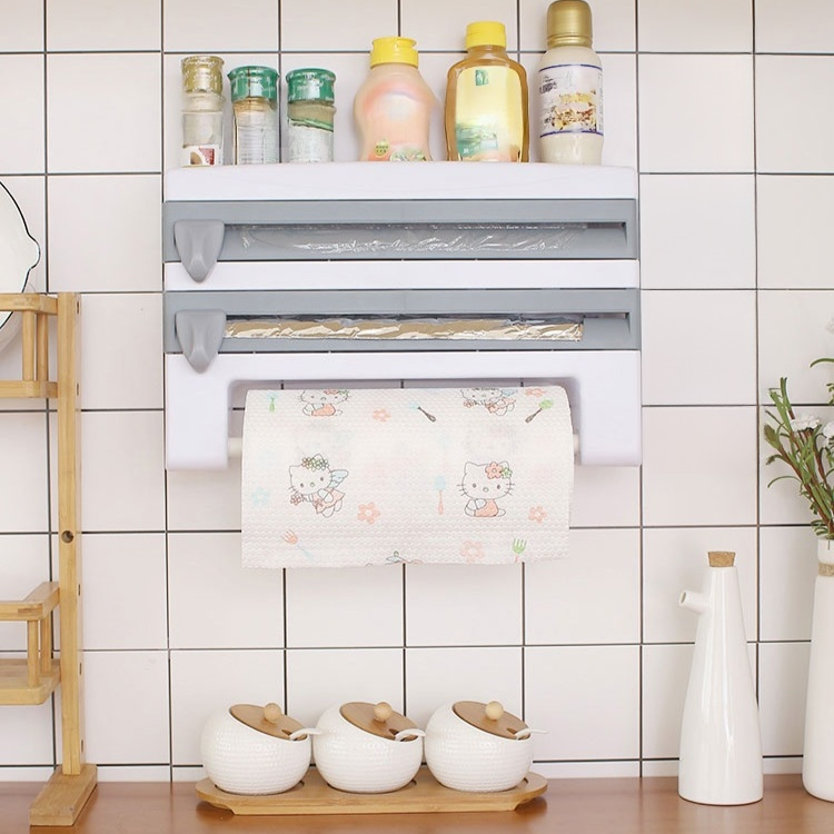 廚房保鮮膜收納架，下層可以收納紙巾、保鮮膜、錫箔紙，上層可以放調味料