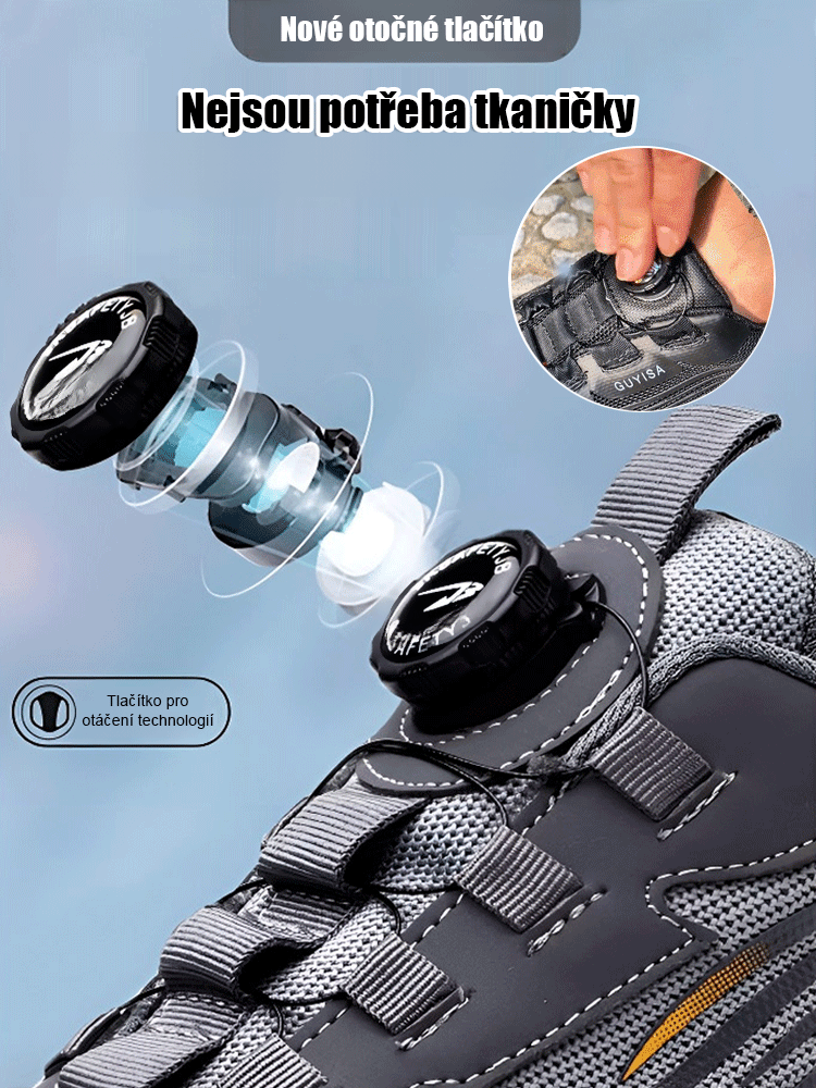 Ochranné pracovní boty s otočným knoflíkem, odolné proti propíchnutí a nárazu.