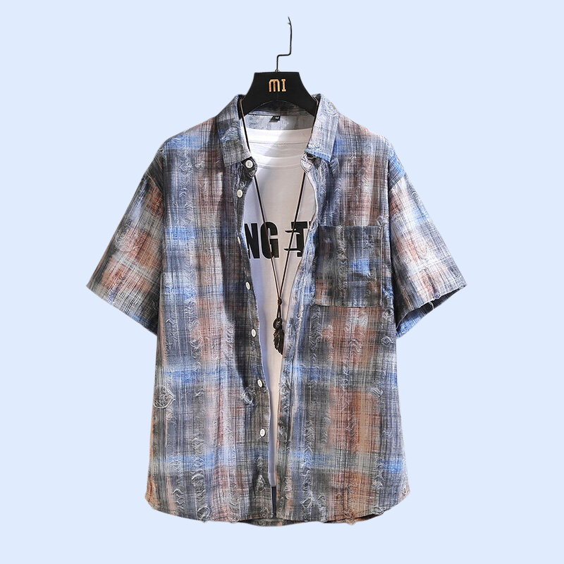 2025년 여름 신상 남성 체크 플라워 패치 반팔 셔츠 아우터