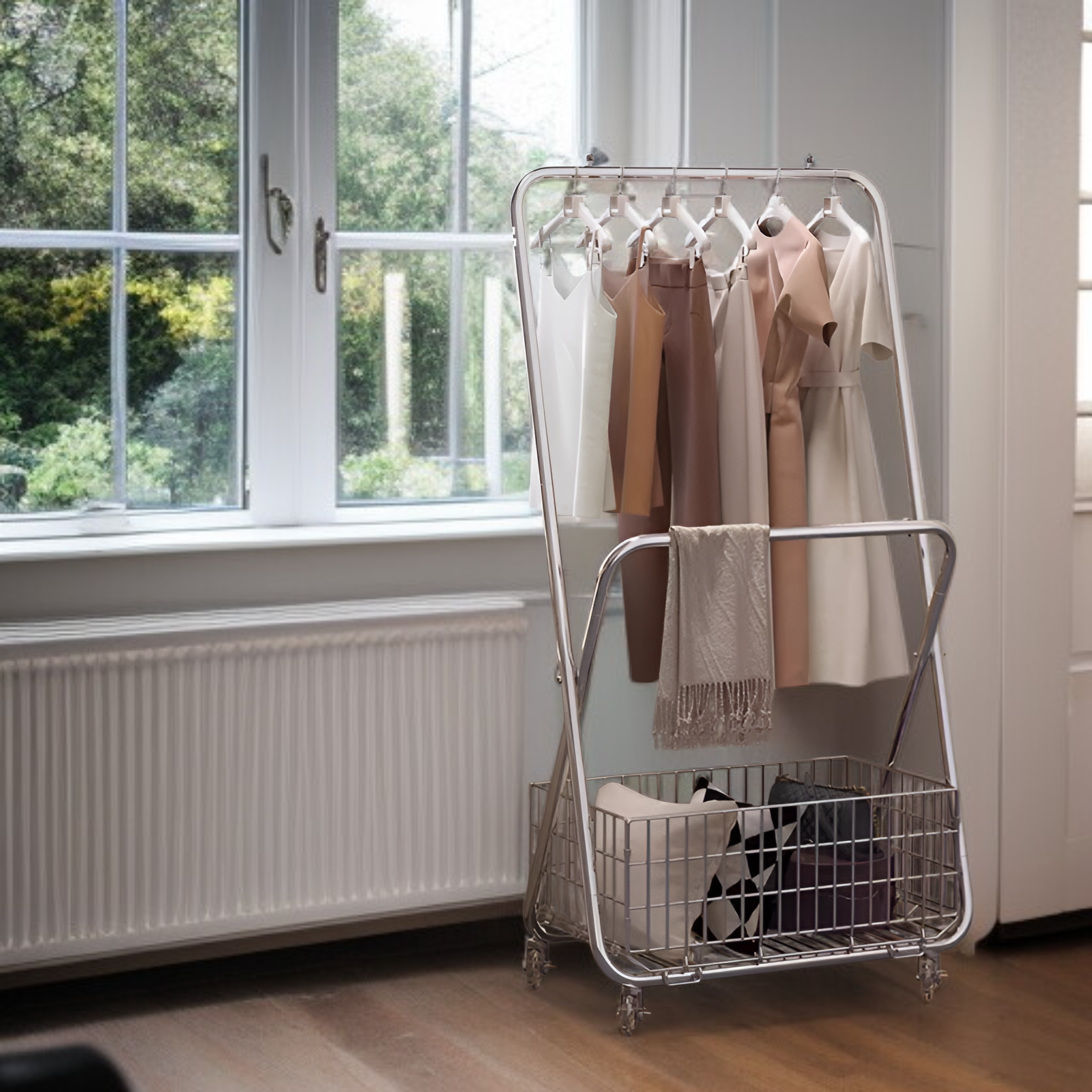 床置き洋服ラック フロアベッドルームコートラック 厚みのある金属製 キャスター付き バルコニー洋服ラック フレーム付き