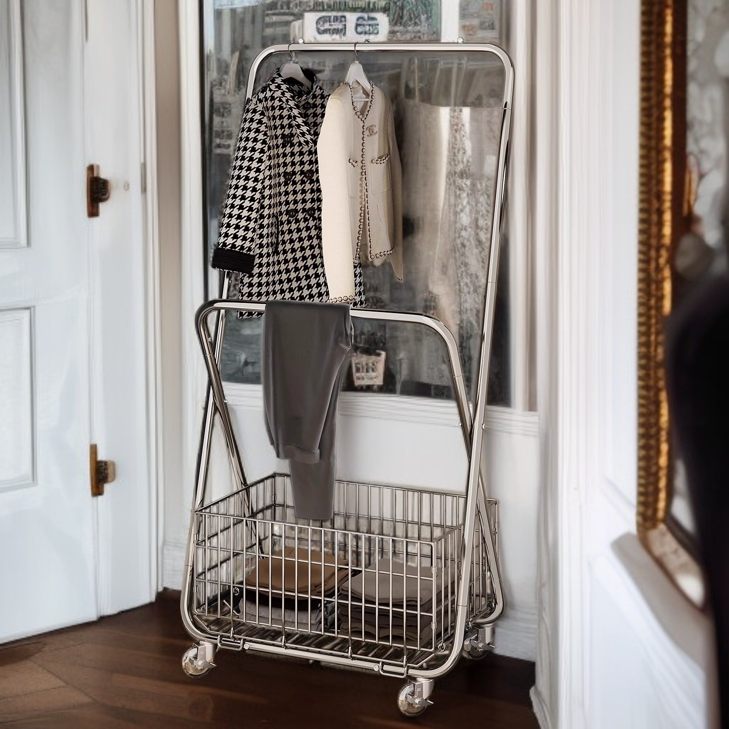 床置き洋服ラック フロアベッドルームコートラック 厚みのある金属製 キャスター付き バルコニー洋服ラック フレーム付き