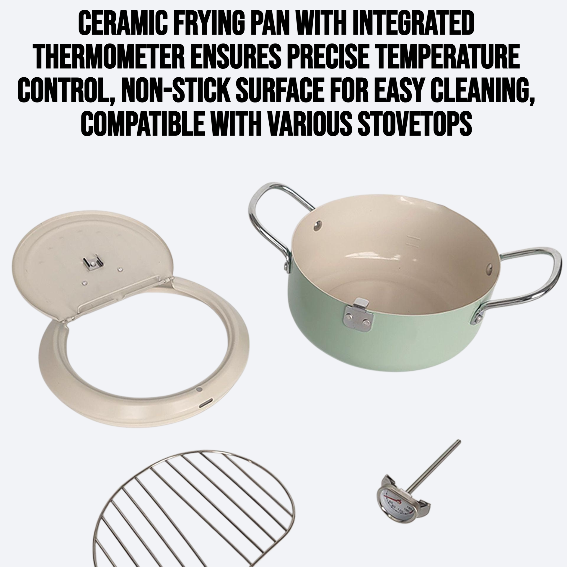 Flip ceramic frying pan with thermometer