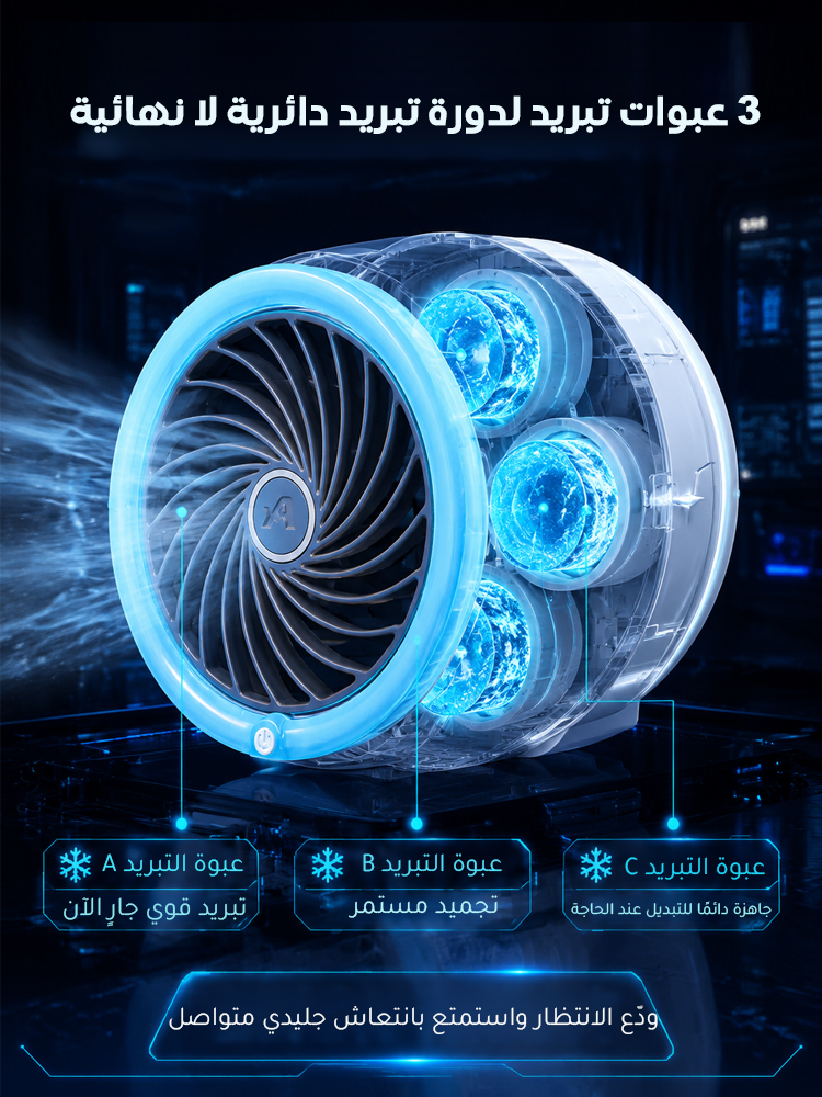 مروحة محمولة مع أداء تبريد قوي (3 عبوات تبريد لتبريد دائري بلا توقف)