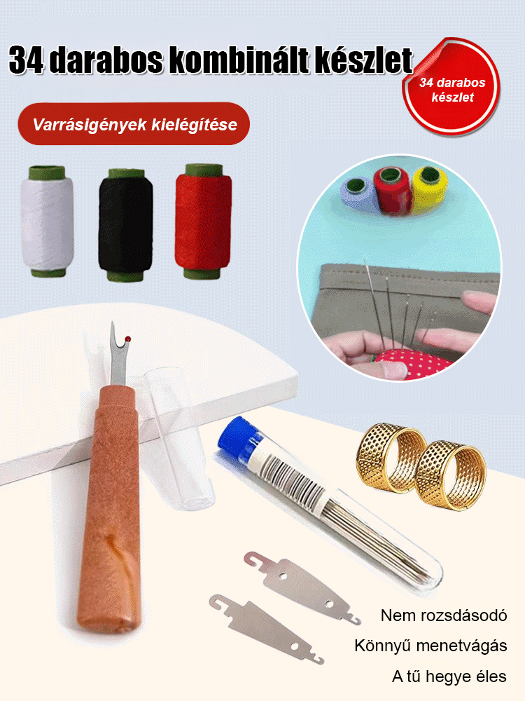 34 darabos extra nagy szemű acéltű varrókészlet