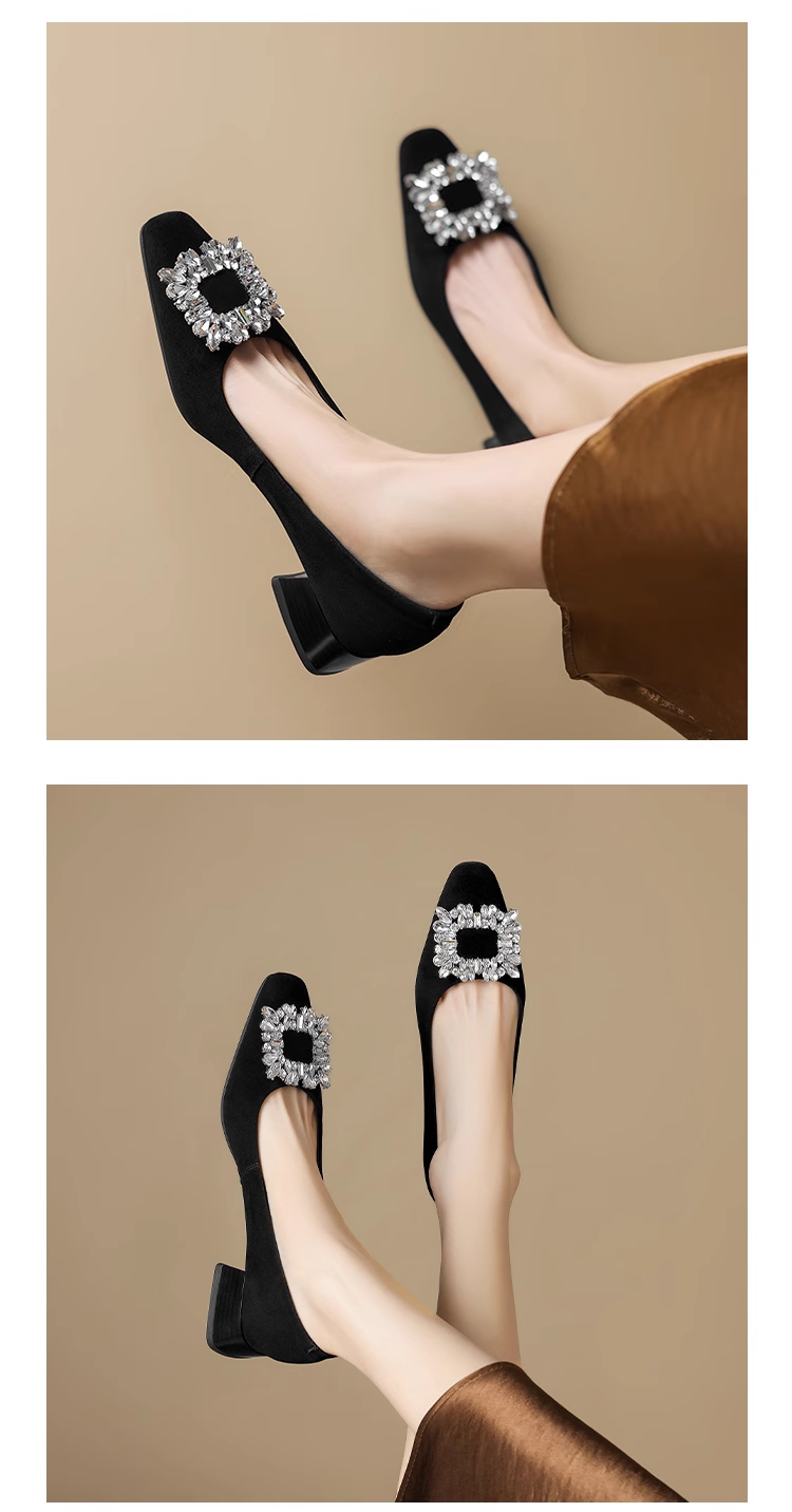 حذاء نسائي موضة 2024 بكعب سميك وأحجار براقة