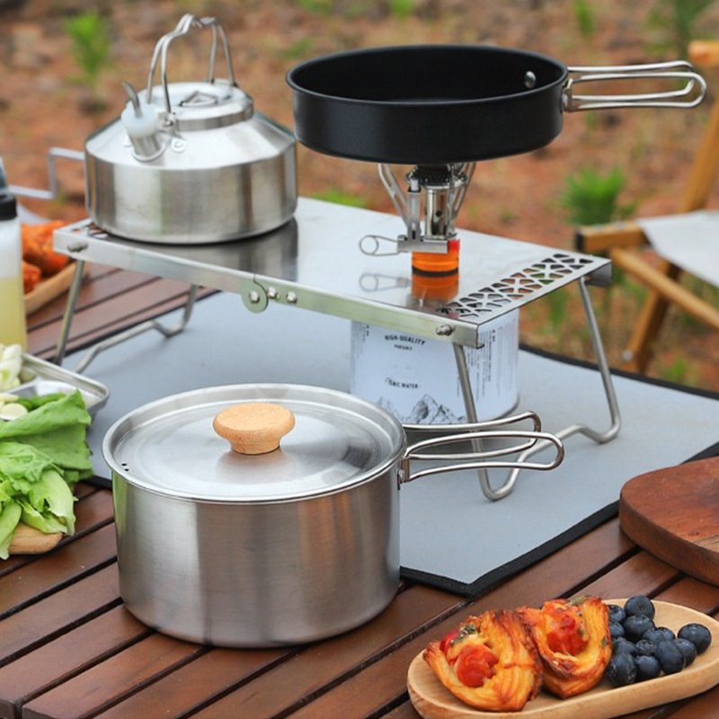 アウトドアキャンプポット 304ステンレススチール 3ピースポット ポータブルキャンプクッカー ノンスティックフライパン ケトル 調理鍋 キャンプセットポット