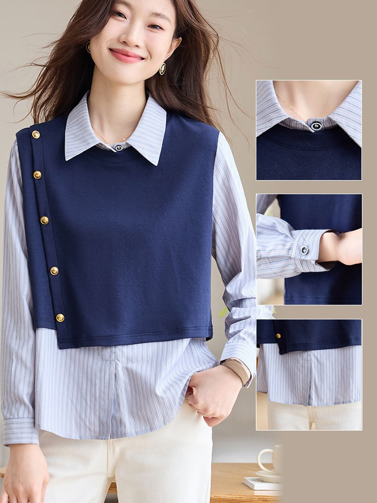 스트라이프 배색 페이크 레이어드 셔츠