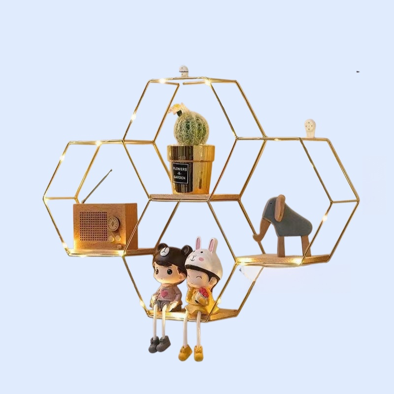 Nordic Style Hexagonal Iron Wall Shelf, Wall-Mounted Decoration for Bedroom and Dining Room