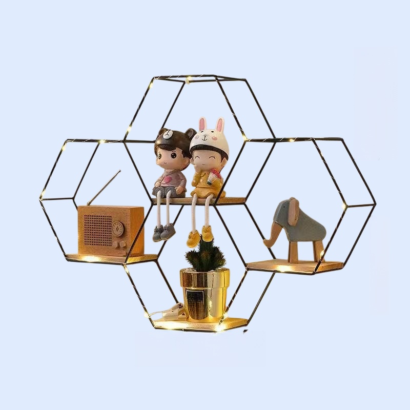 Nordic Style Hexagonal Iron Wall Shelf, Wall-Mounted Decoration for Bedroom and Dining Room