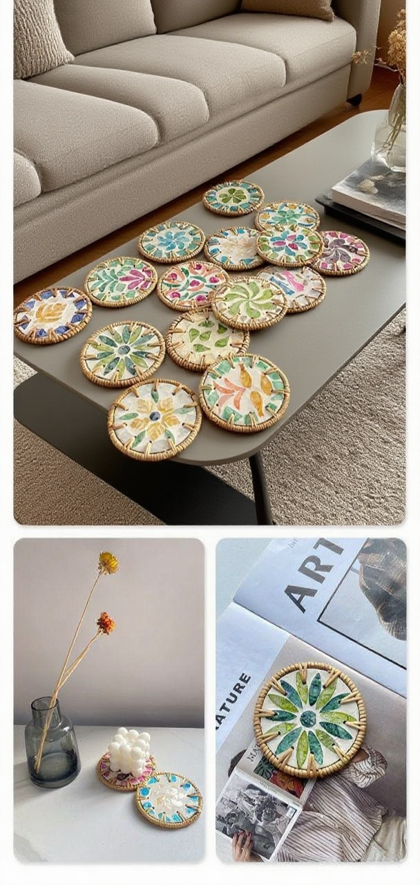 手作業で編まれた籐断熱パッドのアップ