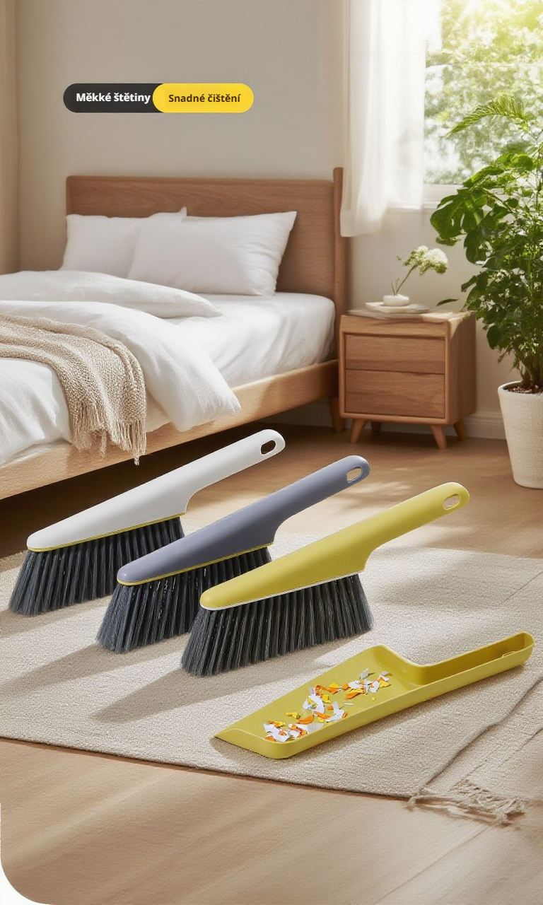 Sada kartáčů na prach s perforovanou rukojetí na posteli