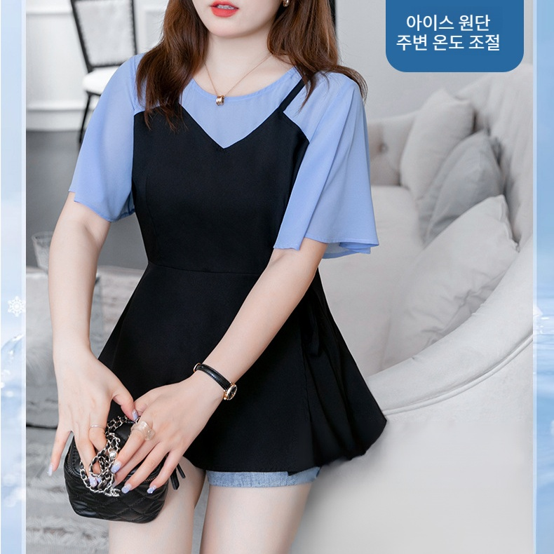 근특 루즈핏 여름 빅사이즈 여성복 통풍 날씬해 보이는 반팔 폴리 배 가리는 여성복