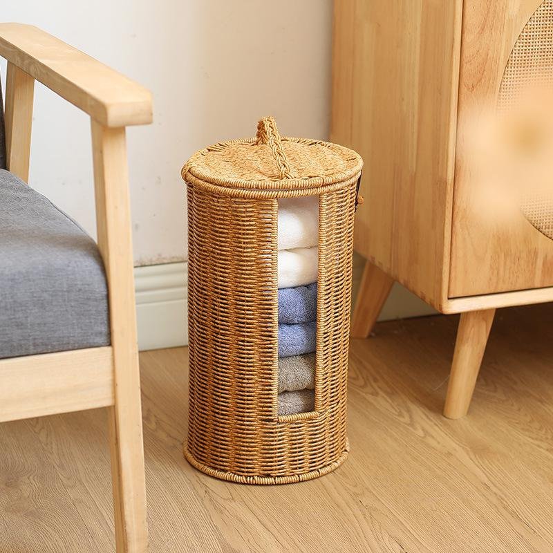 Imitation rattan round barrel with lid storage basket hotel homestay towel basket household toilet p