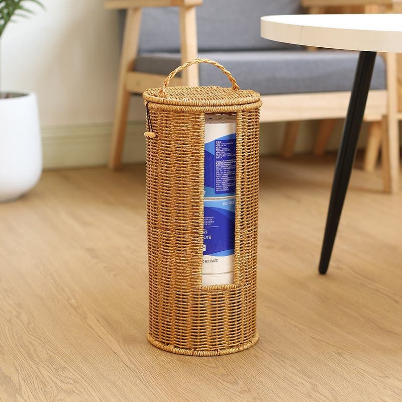 Imitation rattan round barrel with lid storage basket hotel homestay towel basket household toilet p