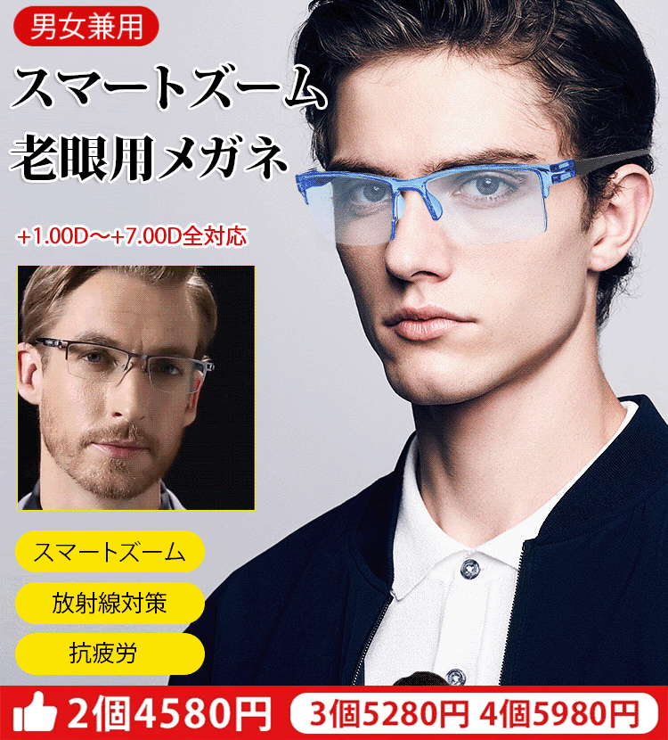 累進多焦点スマートズーム青色光対策老眼用メガネ