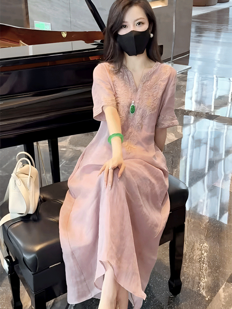 高級リネン刺繍ワンピース