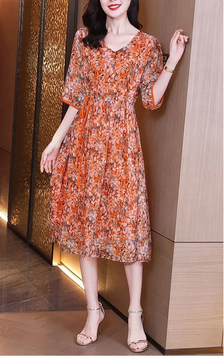 ชุดเดรสแขนห้าส่วนเก็บเอวดูผอมลง