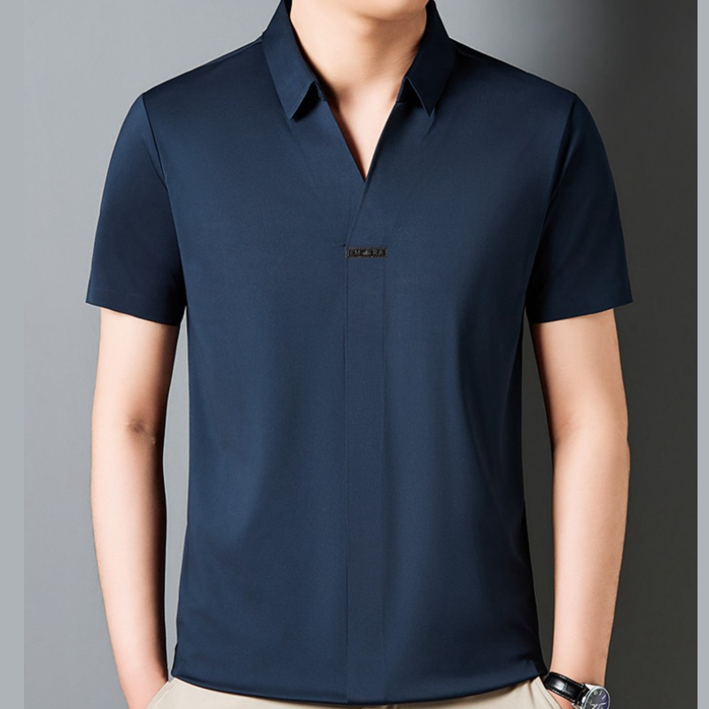 アイスシルク夏のビジネスカジュアルVネックシャツ 半袖メンズTシャツ 伸縮性の高いノンマーキングVネックシャツ