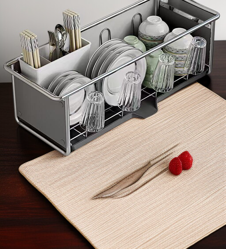 Sturdy kitchen dish drain rack with utensils holder