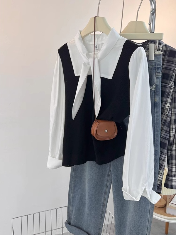 루즈핏 스트링 니트 베스트 패션 가짜 긴팔 셔츠 감령 루즈핏 스트링 긴팔 셔츠