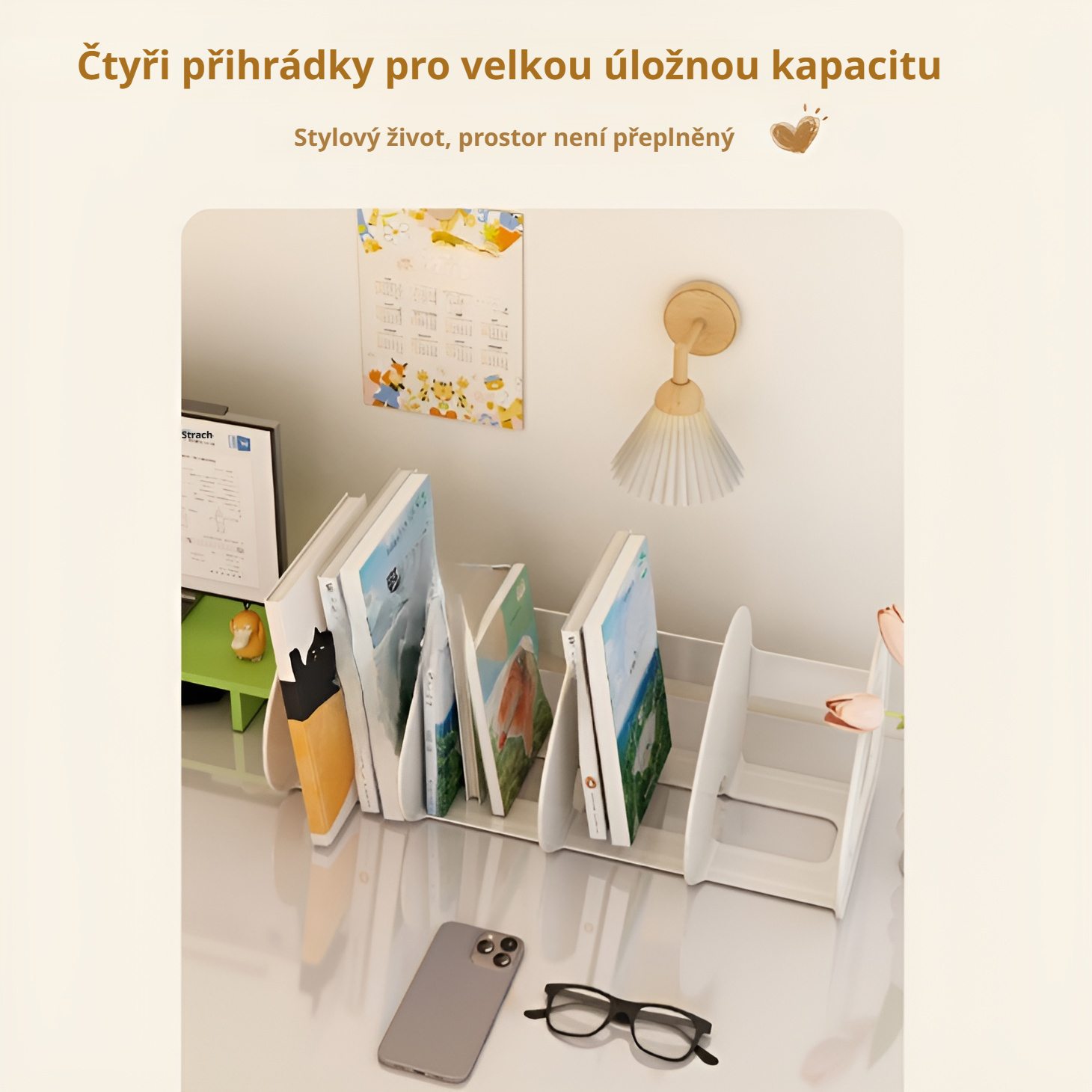 Detailní pohled na organizér na knihy a časopisy