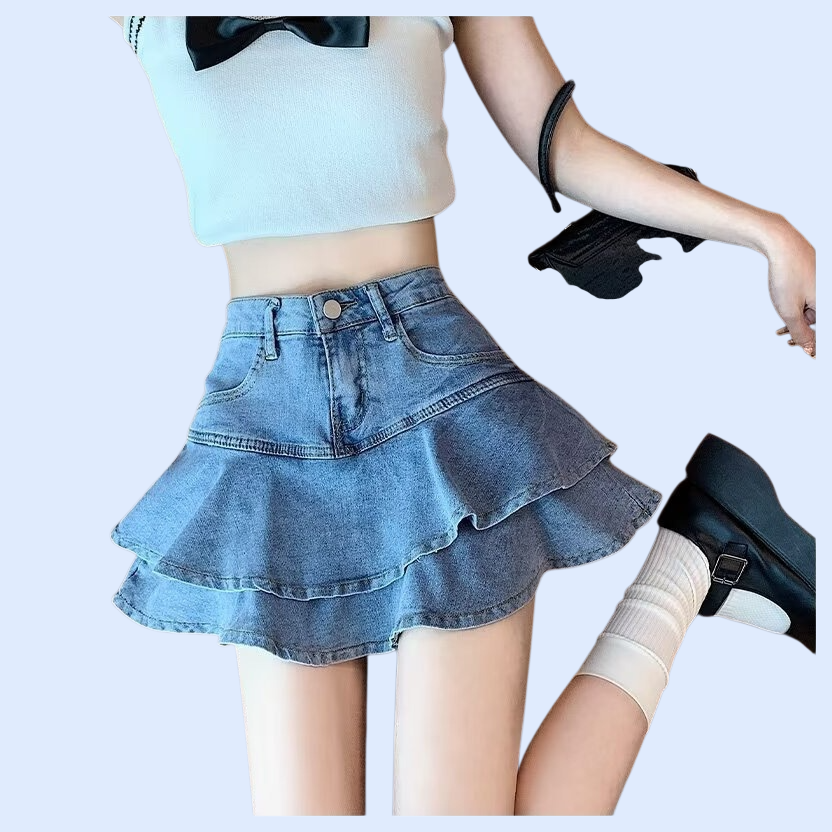 하이웨스트 프릴 데님 스커트