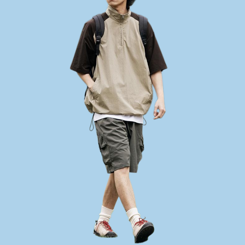 Men's summer loose fitting shoulder sleeves with patchwork short sleeves