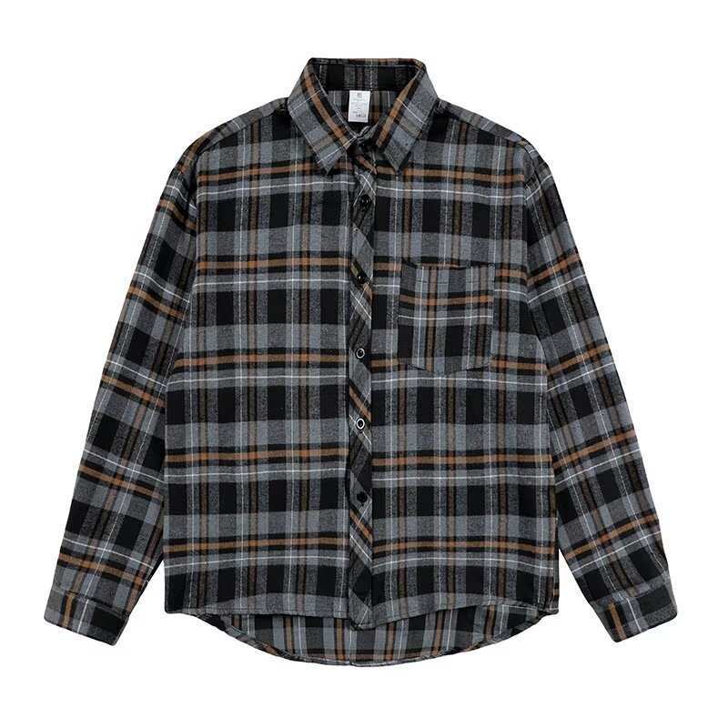 チェック柄コントラストカラー長袖シャツ春秋ゆったり学生カジュアルレトロジャケット