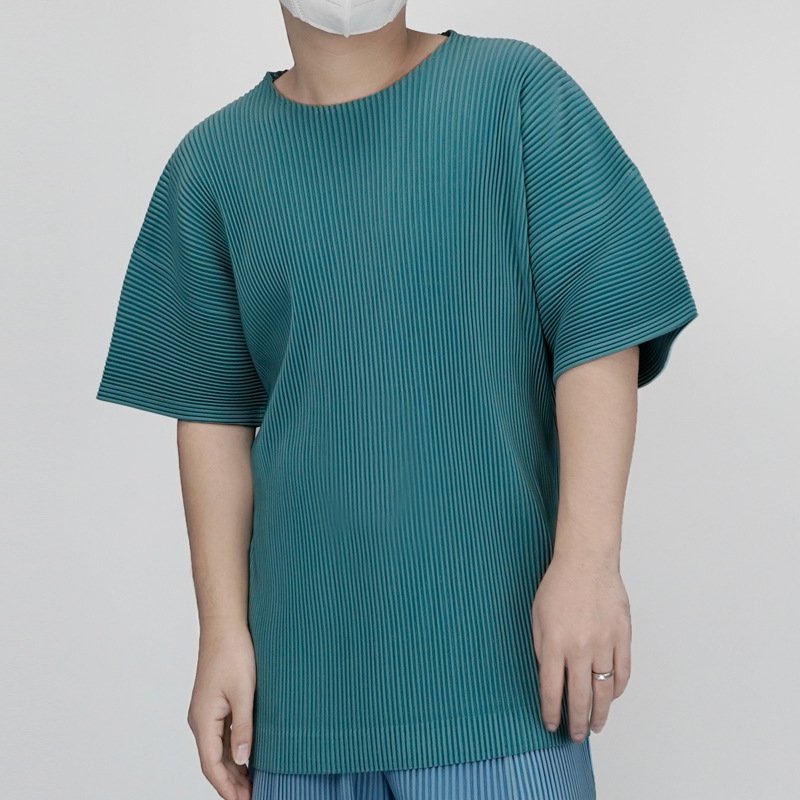 プリーツメンズカジュアルTシャツオールマッチ5分袖トップス