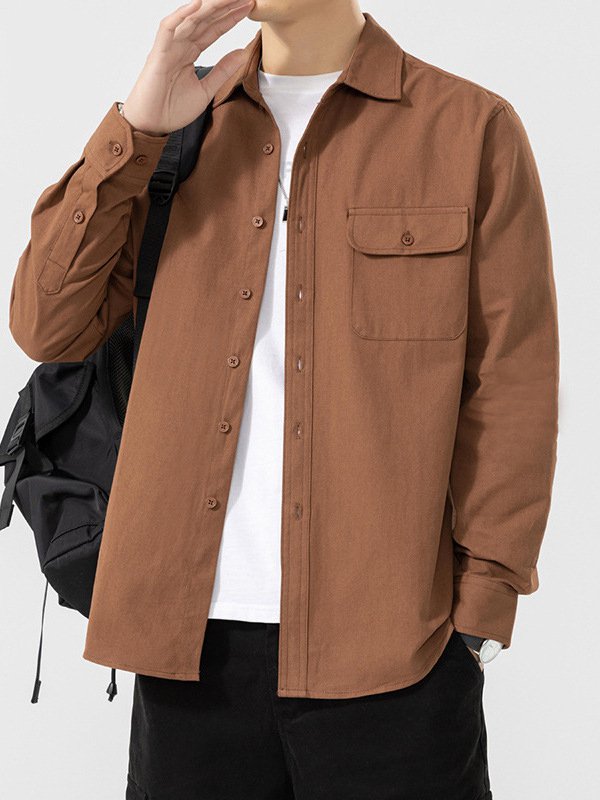 メンズ 春 コットン 長袖 シャツ ポケット付き 無地 カジュアル シャツ ジャケット