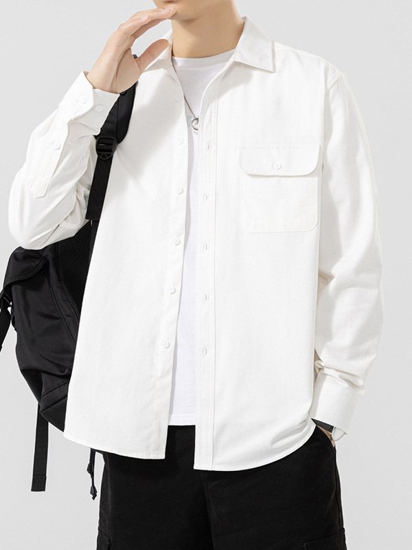 メンズ 春 コットン 長袖 シャツ ポケット付き 無地 カジュアル シャツ ジャケット