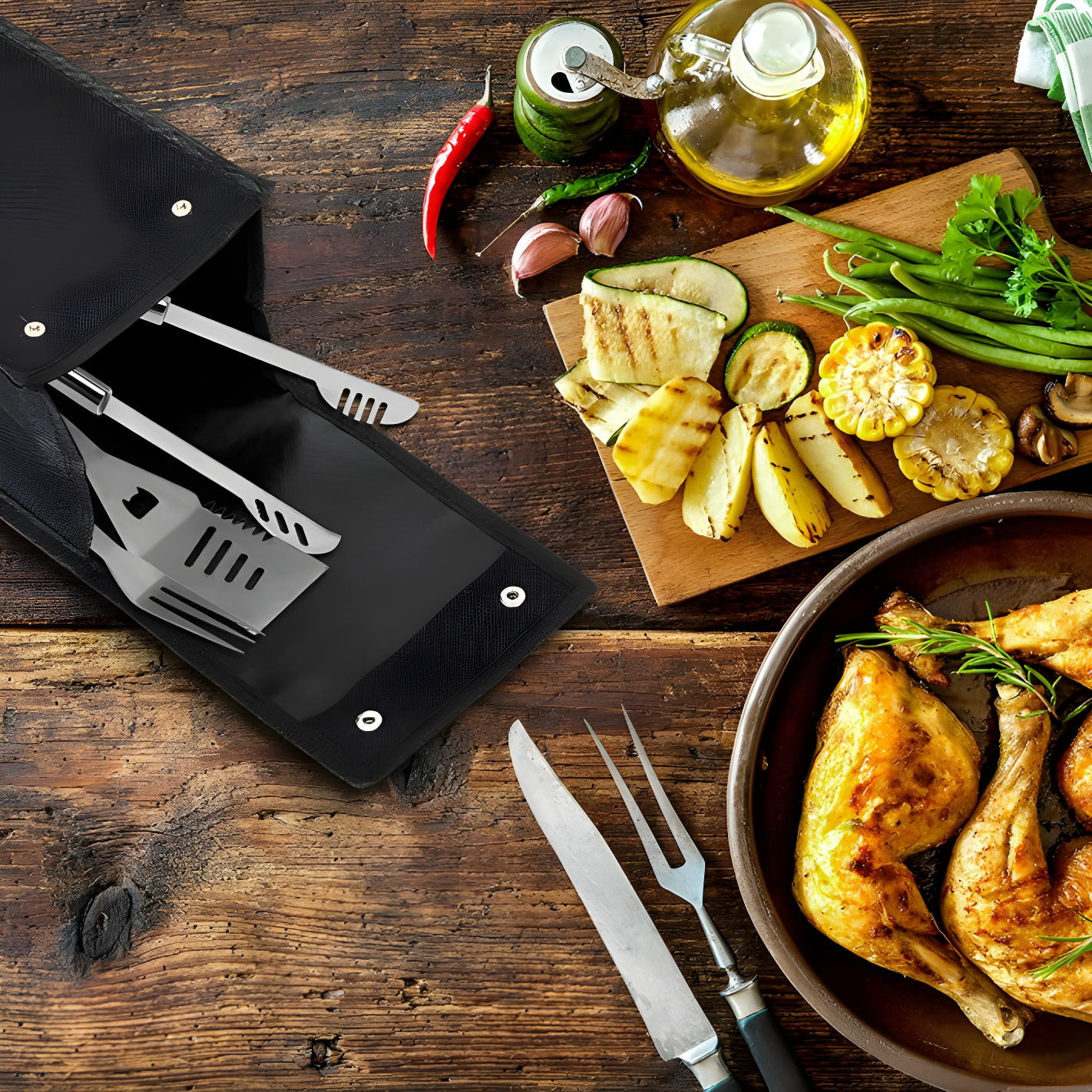 Barbecue tool storage bag for hardware tools and bamboo skewers