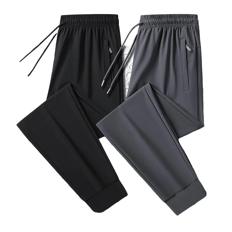 夏のメンズユースルーズストレートアイスシルクパンツ アスレチック・カジュアル・ストレートレッグ・ドローストリング・パンツ メンズ・スリムフィット・ストレートレッグ・パンツ