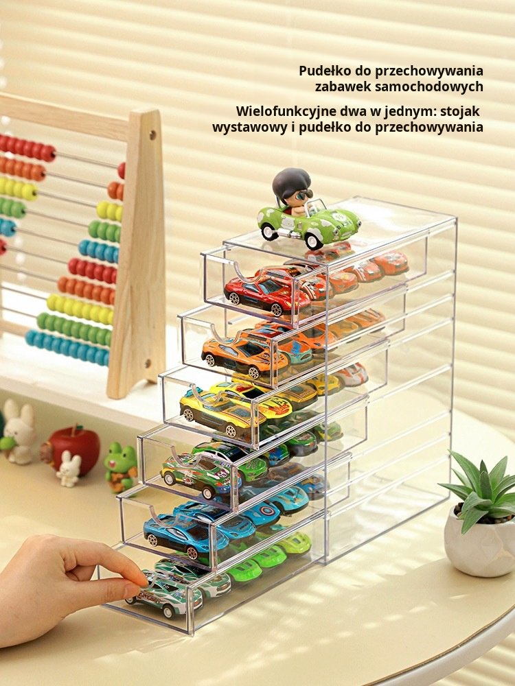 Przezroczyste pudełko na samochodziki Hot Wheels z szufladami – widok z przodu