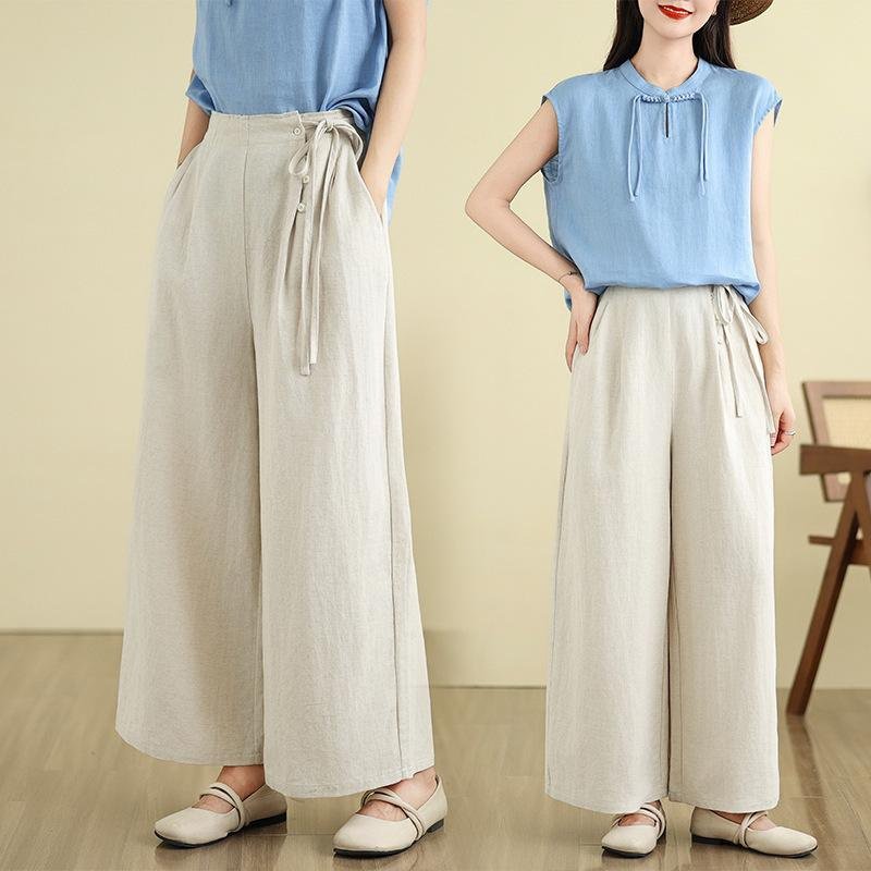 여름 얇은 면 마 문예 와이드 일자 와이드 팬츠 9부 캐주얼 바지 여#760