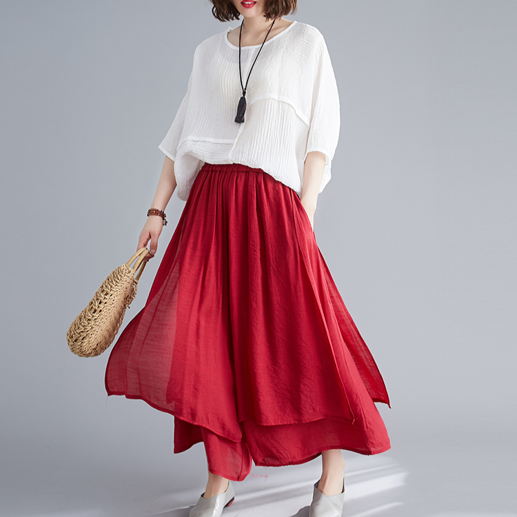 文学的な女性の夏の綿麻ワイドパンツ 無地9分丈ワイドパンツ