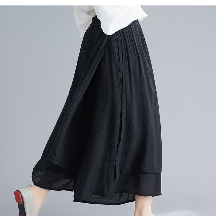文学的な女性の夏の綿麻ワイドパンツ 無地9分丈ワイドパンツ