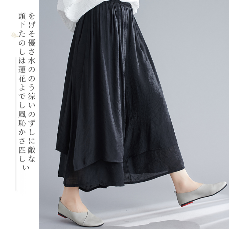 文学的な女性の夏の綿麻ワイドパンツ 無地9分丈ワイドパンツ
