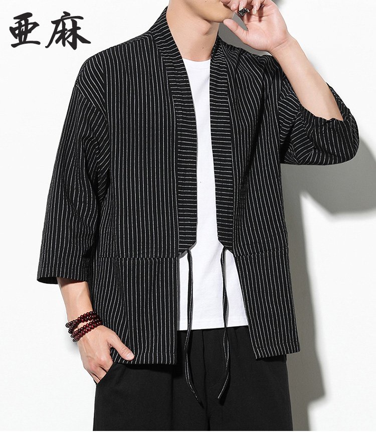 メンズストライプ綿麻カーディガン