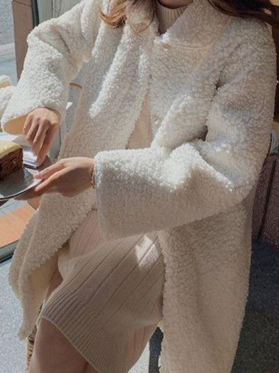 【시리즈 가방 증정】 소프트 소녀 두꺼운 모피 일체형 램스울 코트